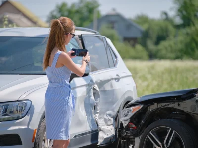 Stressed woman driver taking photo on mobile phone camera after vehicle collision
